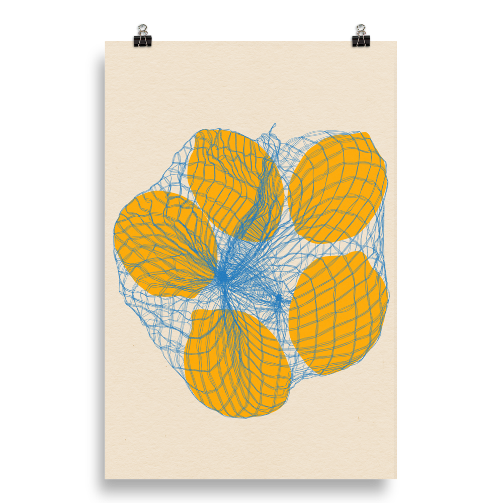 Poster Art Print Illustration – Five Lemons in a net bag (in)